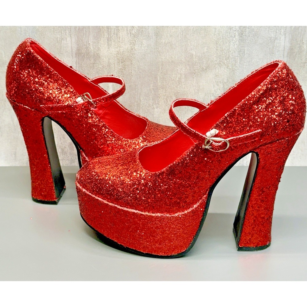 Wizard of Oz Dorothy Ruby Slippers Heels Red Glitter Costume Shoes Size 7-8